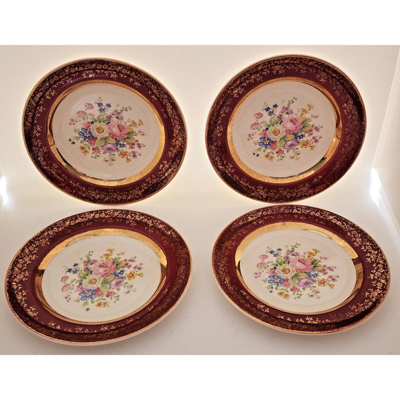 PLATES-BREAD-BUTTER-CENTURY BY SALEM-23K Gold Encrusted-Burgundy-Floral-Set of 4 - Picture 1 of 16